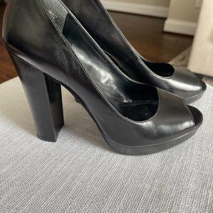 Ralph Lauren black leather open-toe heels, size 7.5